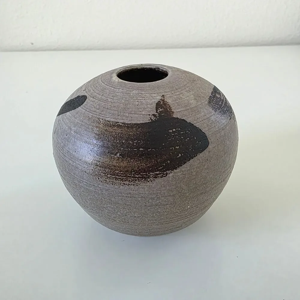 Vintage Studio Pottery Modernist Vase Round Brown Black Brushstroke Design - Picture 7 of 14